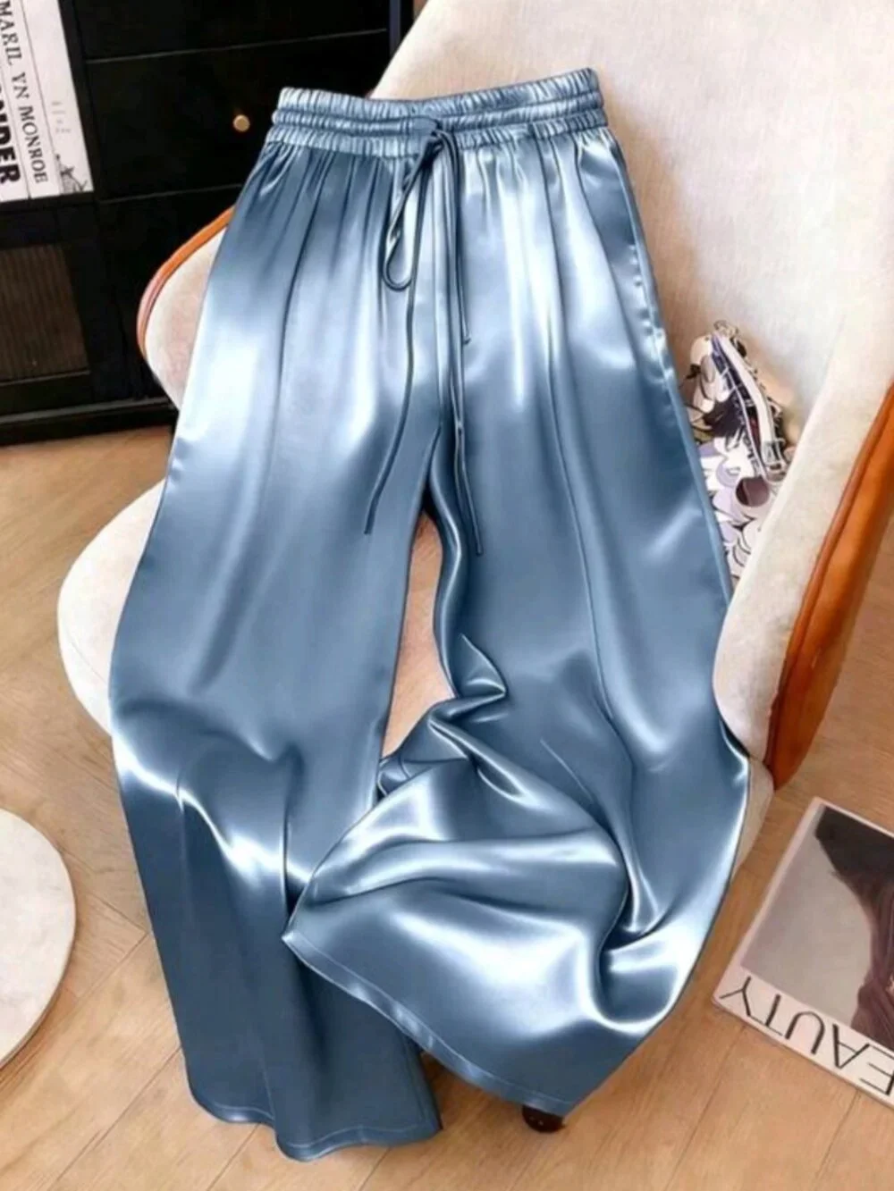 Solid Color Woven Fabric Drawstring Pants, Suitable For Holiday, School, Party